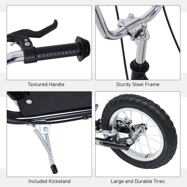 Kick scooter detail set: textured handlebar, sturdy steel frame, kickstand, tires