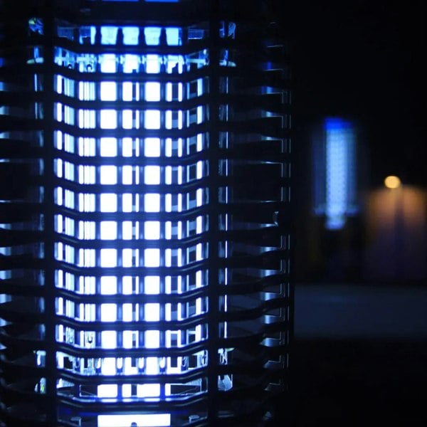 Close up of the bug zapper turned on at night