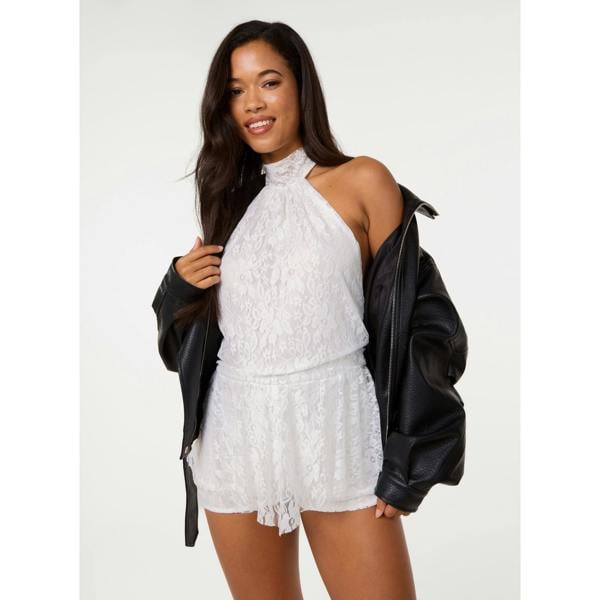 Pink Vanilla Halter Lace Peplum Playsuit