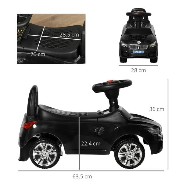 Black ride-on car toy with side and front view dimension callouts