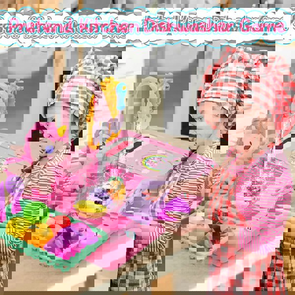 deAO Toys Unicorn Kitchen Sink Playset – Pretend Food, Cookware, Hanging Rack & Storage. Fun Role-Play Toy for Kids