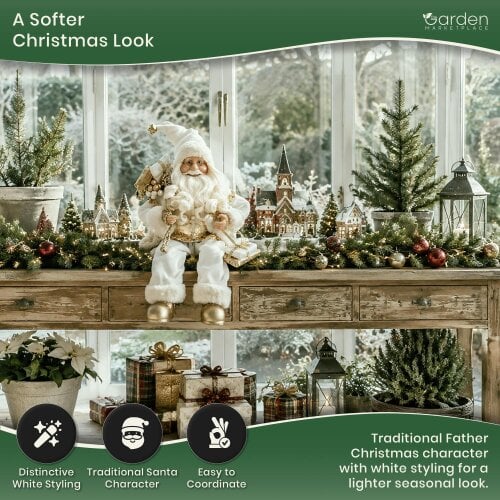 White Sitting Santa Claus Christmas Figure with Sack of Presents, 45cm