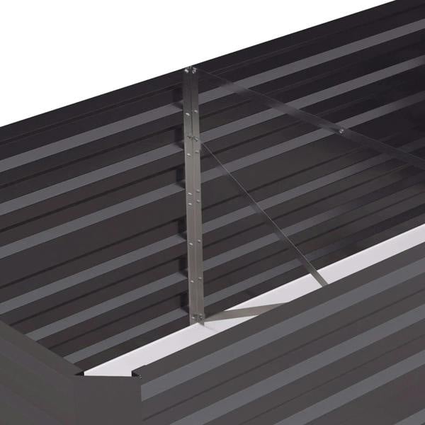 Dark grey interior view of slatted raised garden bed with support bars