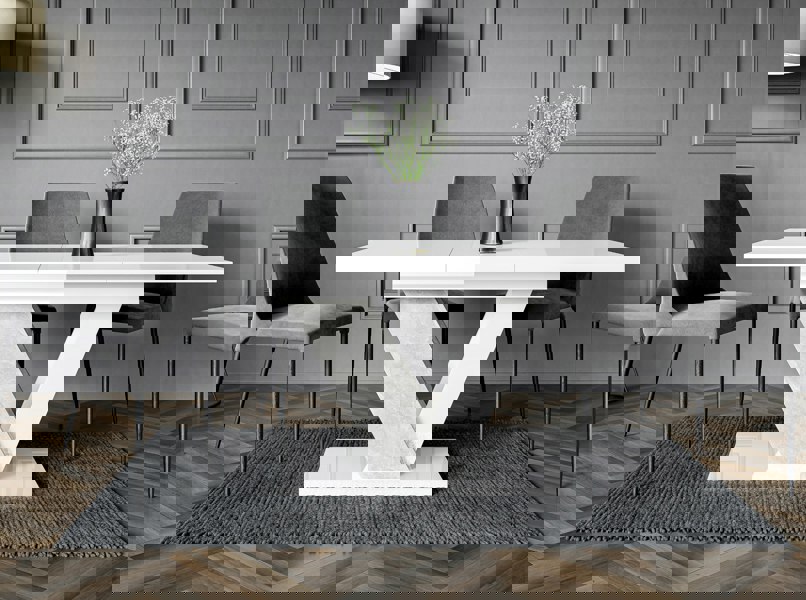 Extendable DUBAI dinner table 120–160 cm with white gloss and stone finish.