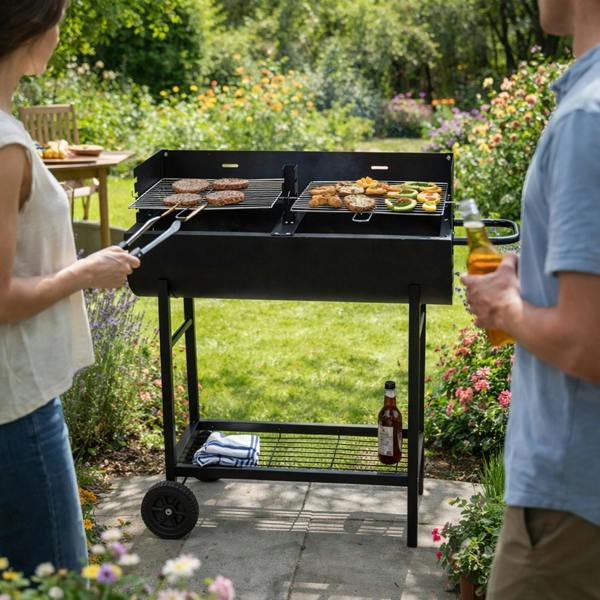 Gr8 Garden Charcoal BBQ Grill Half Barrel Dual Zone Garden Trolley Barbecue Adjustable Height Outdoor Cooker