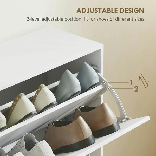 White pull-down shoe shelf with two adjustable levels holding multiple shoes