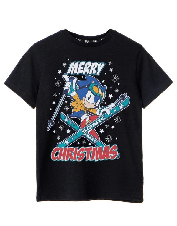 Sonic the Hedgehog Boys Black Merry Christmas Short Sleeved T-Shirt