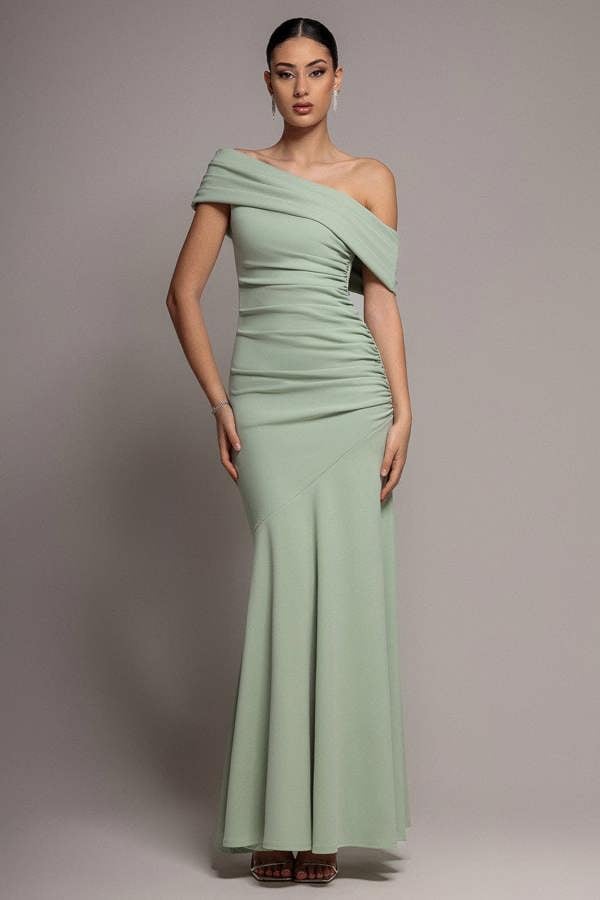 Pleated One Shoulder Bardot Fit And Flare Maxi Dress - Sage Green DR4909