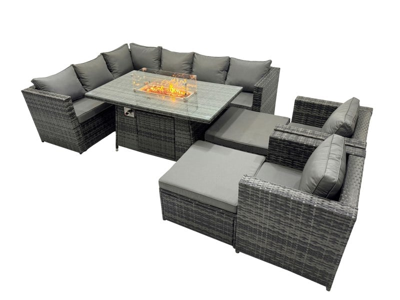 Fimous Rattan Garden Furniture Dining Set 10 seater Gas Fire Pit Dining Table Corner Sofa Set with 2 Big Stools Dark Grey Mixed