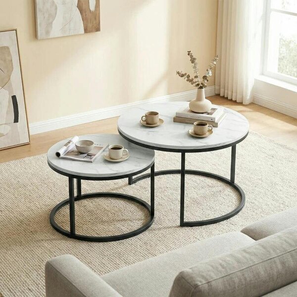 Set of Two Marble-Effect Stacking Tables - White