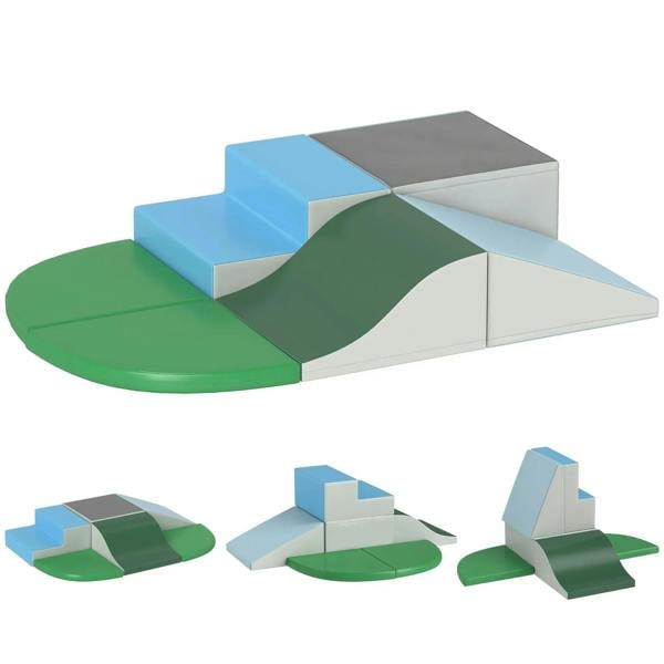 Multicolored foam play climbing and crawling set with curved mat and blocks