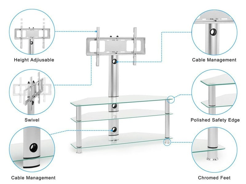 MMT Furniture Designs Clear Glass TV Stand with Mount Swivel Bracket for 32-65 inch TV's