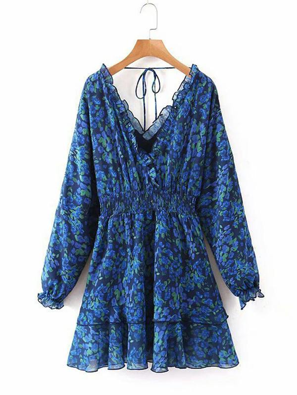 FS Collection V Neck Long Sleeve Mini Dress With Frill Detail In Blue Floral Print