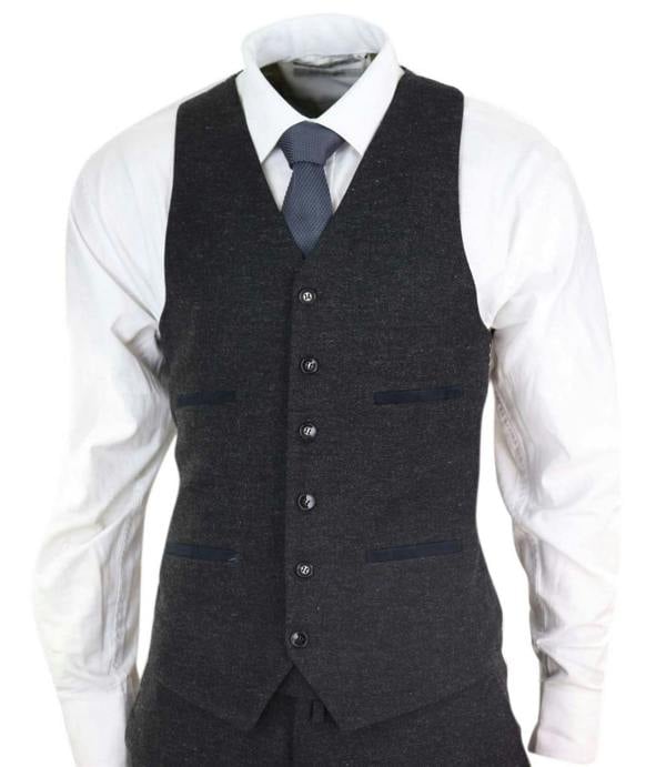 TruClothing Mens 3 Piece Black Wool Tweed Vintage Retro Suit