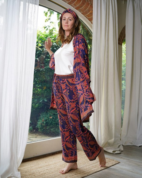 Antonia York Pink & Navy Blue Kimono | Emily Lightweight Silky Paisley Robe