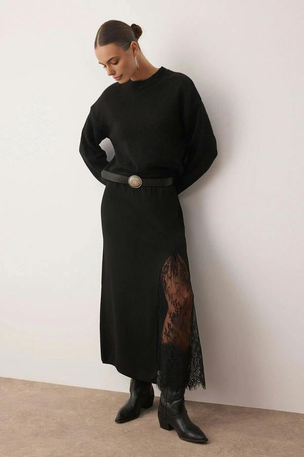 WOVCOR Knit Maxi Skirt with Lace Slit Detail