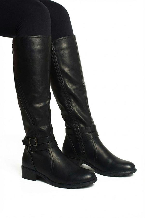 Nina Faux Leather Buckle Knee High Boots - Black_wb