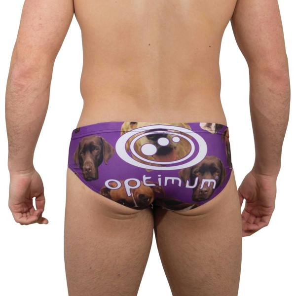 Purple Optimum dog-print tackle trunks, rear view on model with white Optimum logo - Optimum