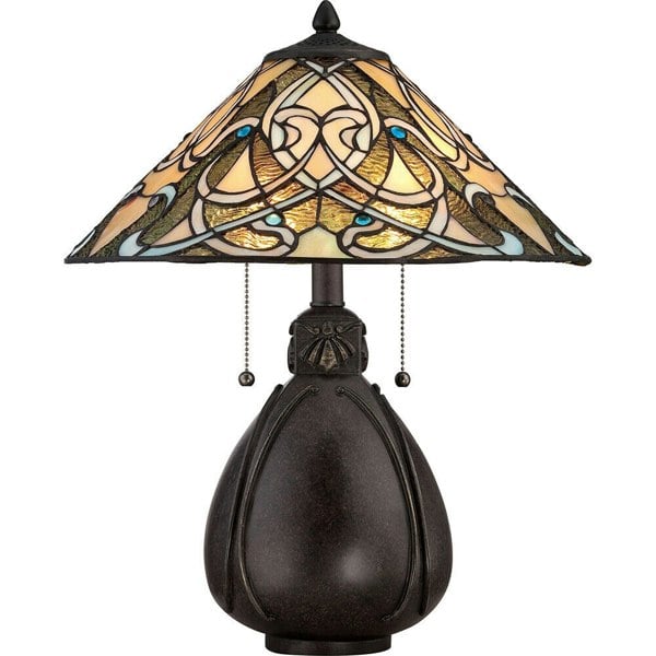 2 Bulb Twin Table Lamp Tiffany Glass Bulbous Base Imperial Bronze LED E27 75W Loops