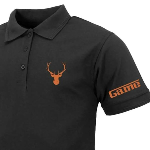 Close up of Game Stag Logo Polo Shirt showing embroidered chest logo and branded cuff for quality finish