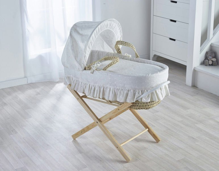 Kinder Valley Broderie Anglaise Cream Palm Moses Basket