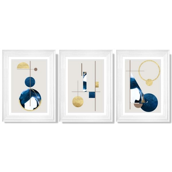Artze Wall Art Abstract Set of 3 Textured Geometric Framed Prints in Navy Blue and Gold
