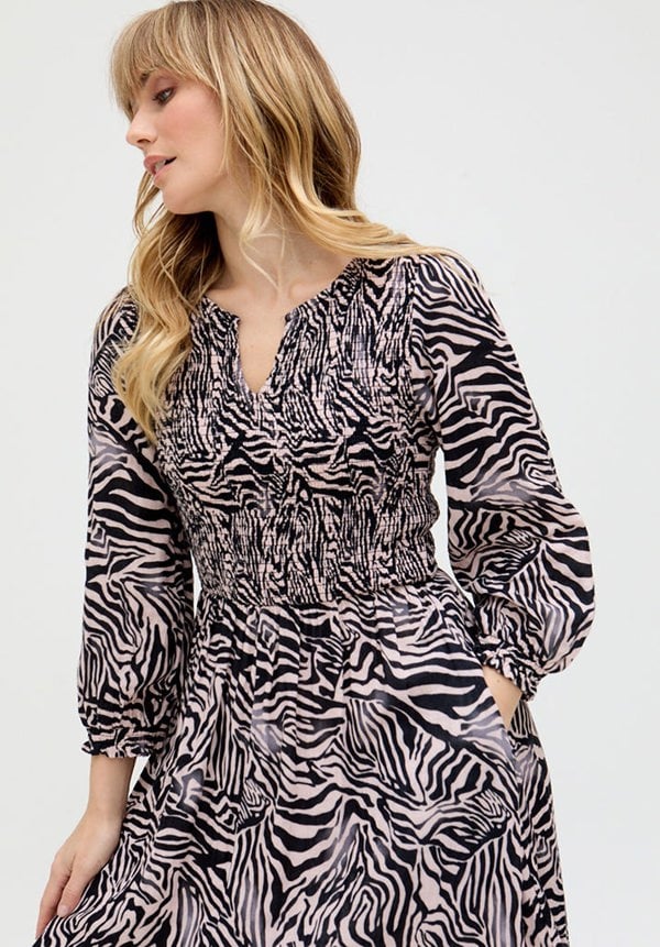 Paulina Shirred Bodice Zebra Print Maxi Dress In Black - image 3