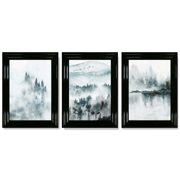 Artze Wall Art Teal Blue Abstract Forest Lake Set of 3 Framed Wall Art