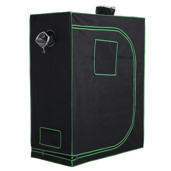 Black grow tent with green trim, front window panels, and side vent port