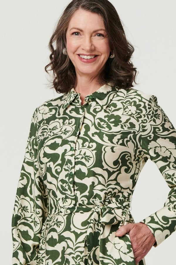 Green | Printed Long Sleeve Shirt Midi Dress
