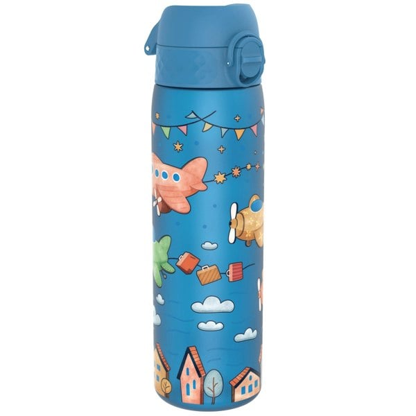 A blue water bottle, featuring cartoon airplanes and houses, sits against a white background.