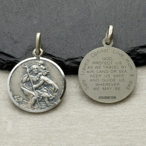 Christopher James of London Antique Finish Sterling Silver 24mm St Christopher Pendant With Travellers Prayer, Engraving and Optional Chain