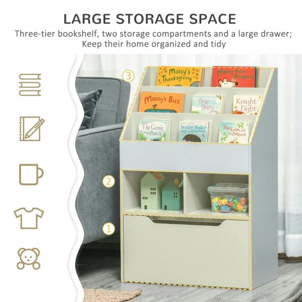 Grey kids three-tier book shelf organizer with large bottom storage drawer