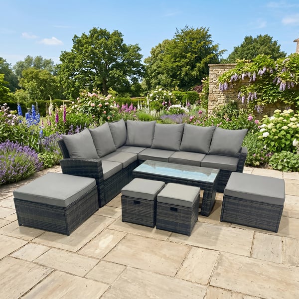 Fimous 10 Seat Rattan Garden Furniture Corner Sofa Set Outdoor Patio Sofa Chair Table Set with 2 Small Footstools 2 Big Footstools Dark Grey Mixed