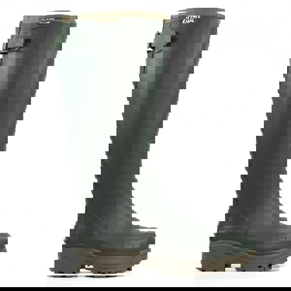 GriSport Stream Men's and Women's Neoprene Fishing, Hunting, and Farm Wellies Boots, side view of dark green waterproof rubber boot with rugged sole for outdoor activities.