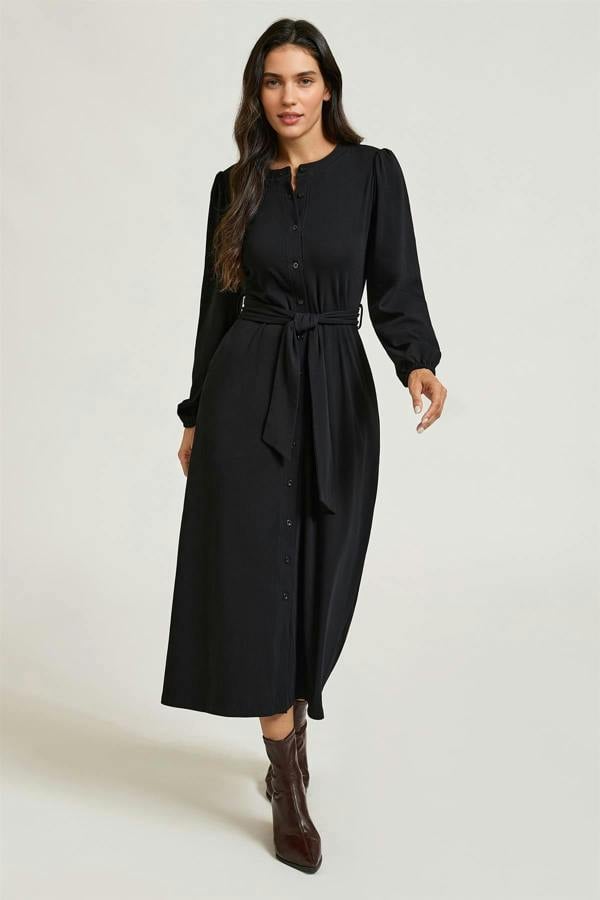 FS Collection Long Balloon Sleeve Jersey Midi Shirt Dress In Black