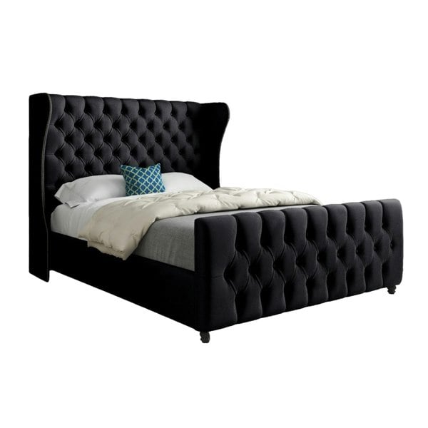 Casa Magna Donati Straight Curved Top Upholstered Soft Velvet Bed Frame - Black
