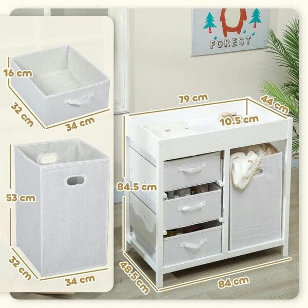 Bobobiy Baby Changing Unit with 4 Storage Drawers, Mat for Bedroom Nursery, 84 x 84.5 cm, White