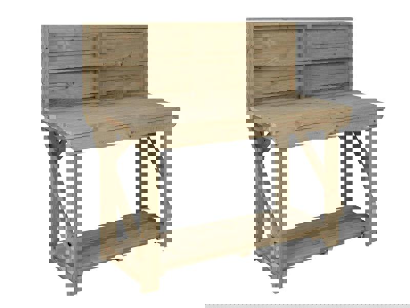 Indoor/Outdoor Pressure-Treated Single Shelf with back panel Workbench, a robust and versatile solution for all your workspace needs. Handcrafted in the UK, this workbench is constructed from high-quality, pressure-treated timber, ensuring durability and resistance to the elements, making it suitable for both indoor and outdoor use.