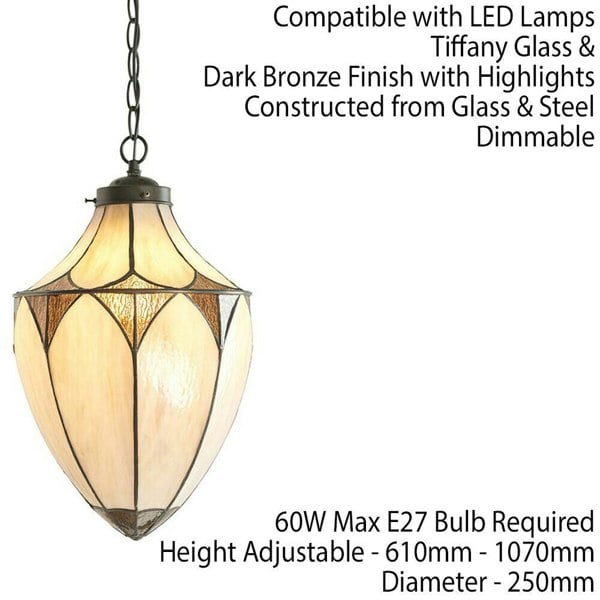 Tiffany Glass Hanging Ceiling Pendant Light Dark Bronze Cream Lamp Shade i00082 Loops
