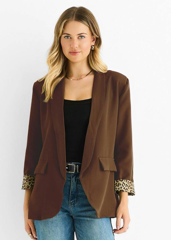 Gini London Brown Contrast Animal Edge to Edge Blazer