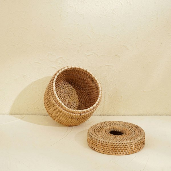 Natural rattan round tissue box cover handwoven wicker bathroom
