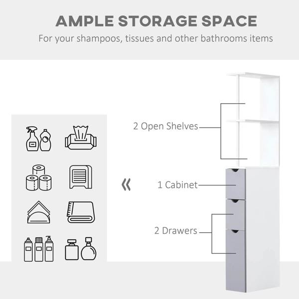 Bathroom cabinet diagram showing two open shelves and two drawers in white and gray