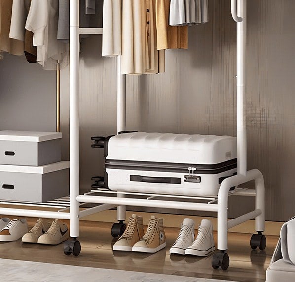 Modcraft Heavy Duty Metal Clothes Rail Rack with Double Hanging Rods, Storage Shelves & Wheels – White