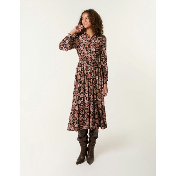 Blue Vanilla Floral Printed Shirred Waist Midi Shirt Dress