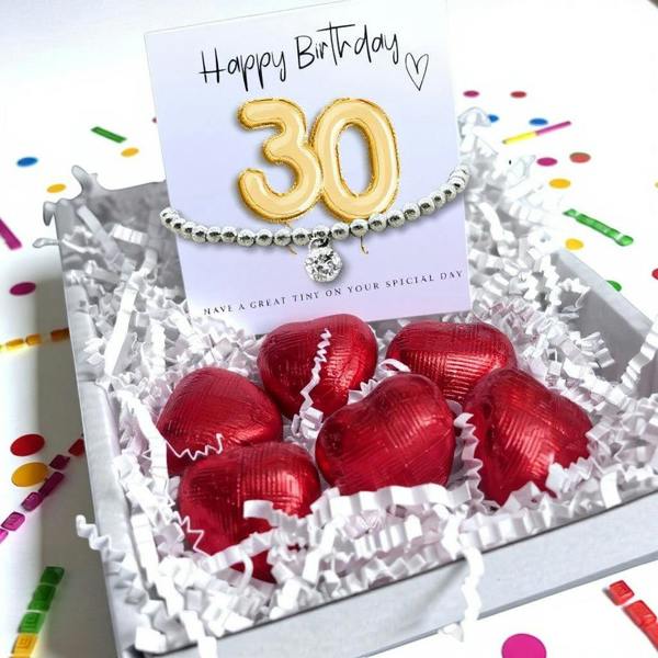 Aye Do Gifts 30th Birthday Gift Box, Cubic Zirconia Bracelet & Chocolate Hearts
