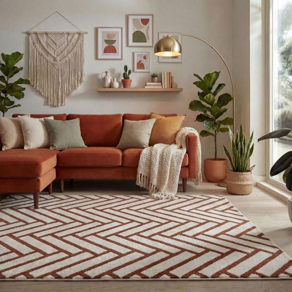 Cozy living room with a red sofa, patterned rug, and decorative elements.