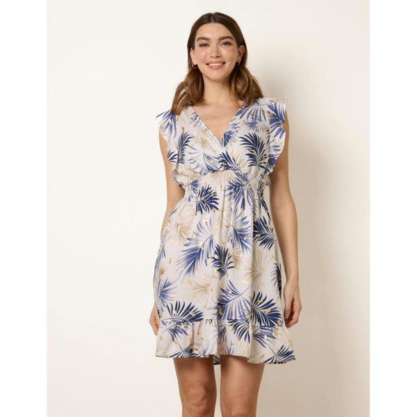 Blue Vanilla Tropical Dress With Leaf Print