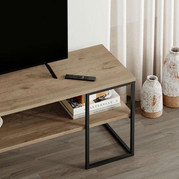 Decortie Modern TV Unit 140cm Open Shelf Design w/Plywood Edge, Black Metal Frames TV Stand up to 55' TVs Living Room