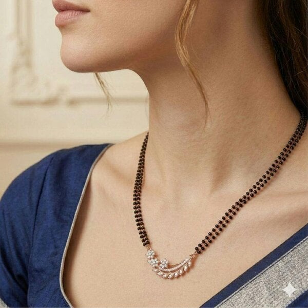 The Colourful Aura Rose Gold Plated Double Strand CZ Crystal Leaf Floral Mangalsutra Black Bead Necklace 18 Inch